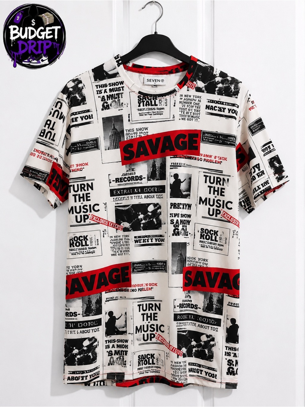 Seven7 White Graphic Tee with Black & Red Newspaper Print